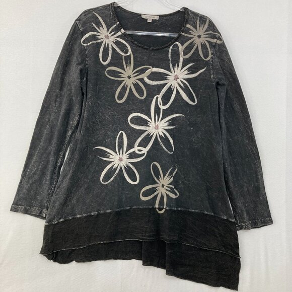 Jess & Jane Medium Gray Acid Wash Floral Artsy Asymmetric Long Sleeve Tunic - Picture 1 of 10